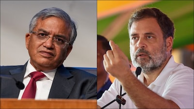 Chief Election Commissioner Gyanesh Kumar and Congress leader Rahul Gandhi. (PTI)