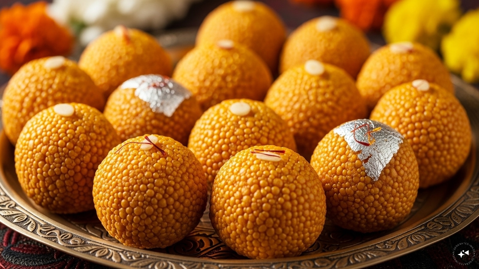 Add sugar syrup and coat the laddoos. Stir in chopped almonds or pistachios. (AI generated image) Add sugar syrup and coat the laddoos. Stir in chopped almonds or pistachios. (AI generated image)