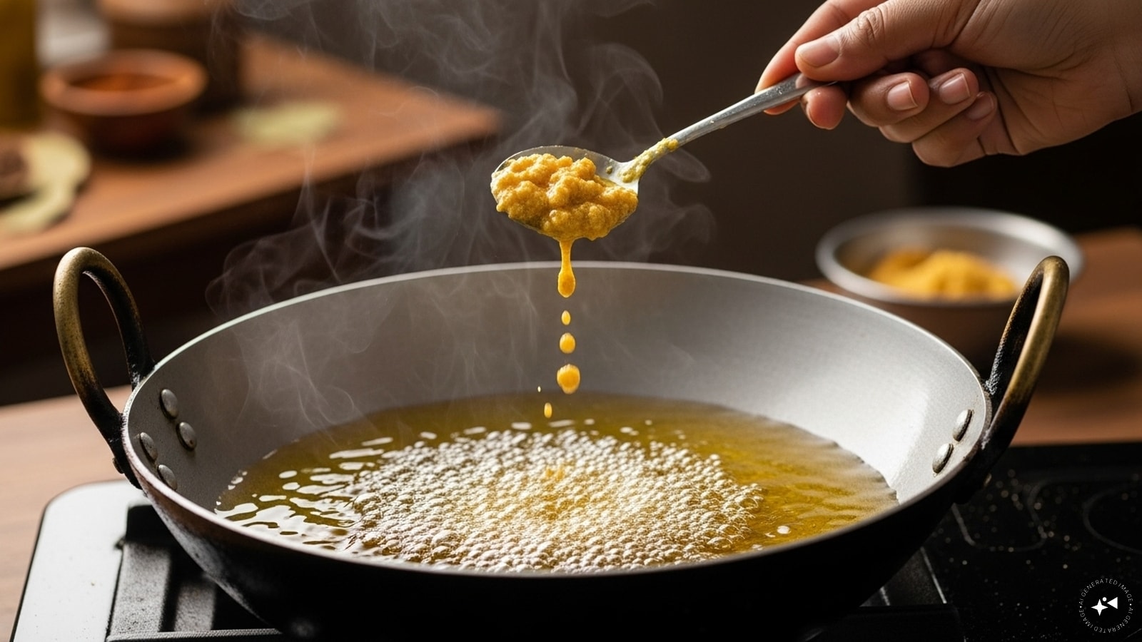Now, heat some oil in a kadhai and scoop small portion of the mixture. Deep fry till golden brown. (AI generated image) Now, heat some oil in a kadhai and scoop small portion of the mixture. Deep fry till golden brown. (AI generated image)