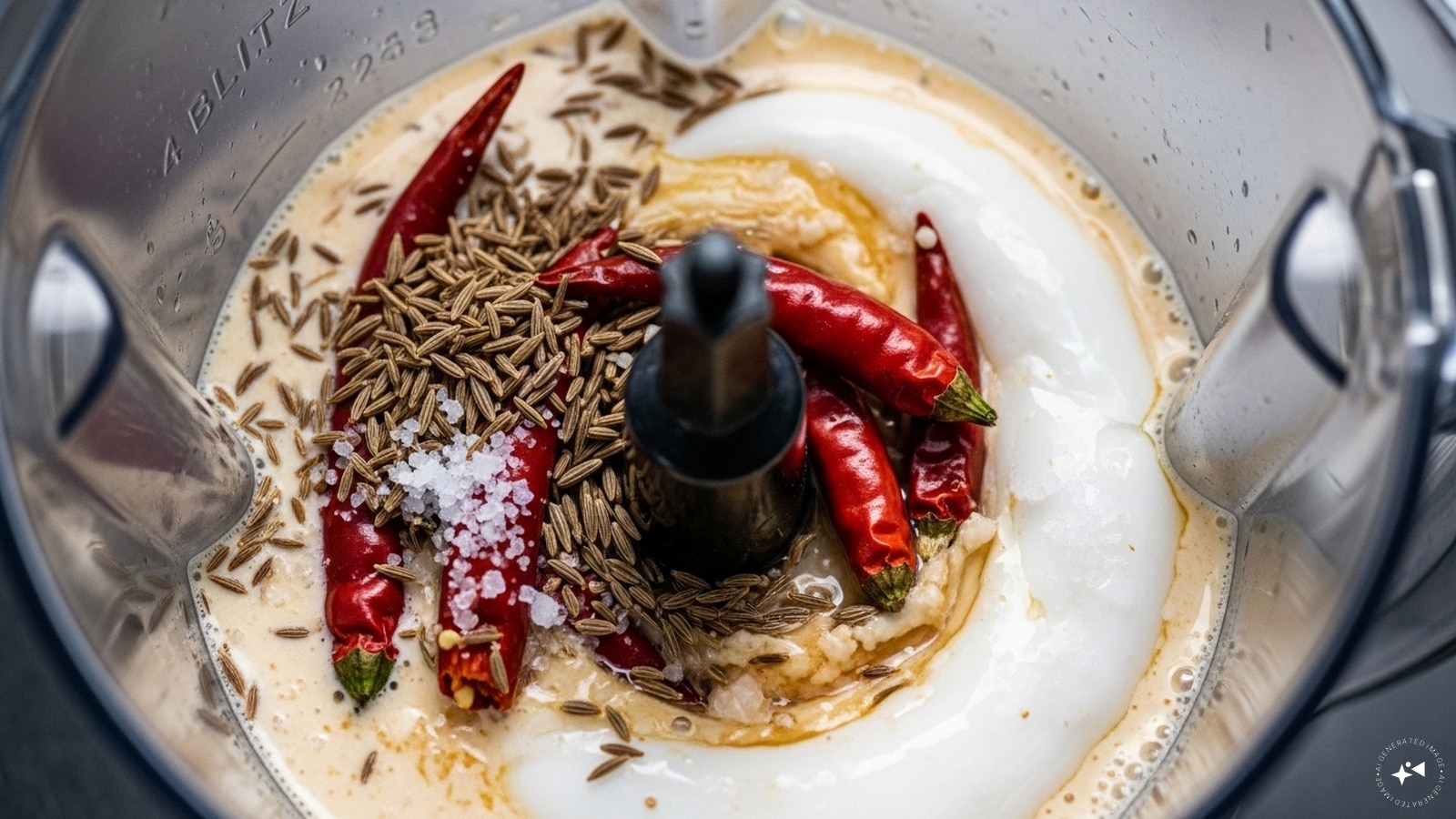 Now, blitz coconut, cumin seeds, water, chilli, and salt. (AI generated image) Now, blitz coconut, cumin seeds, water, chilli, and salt. (AI generated image)