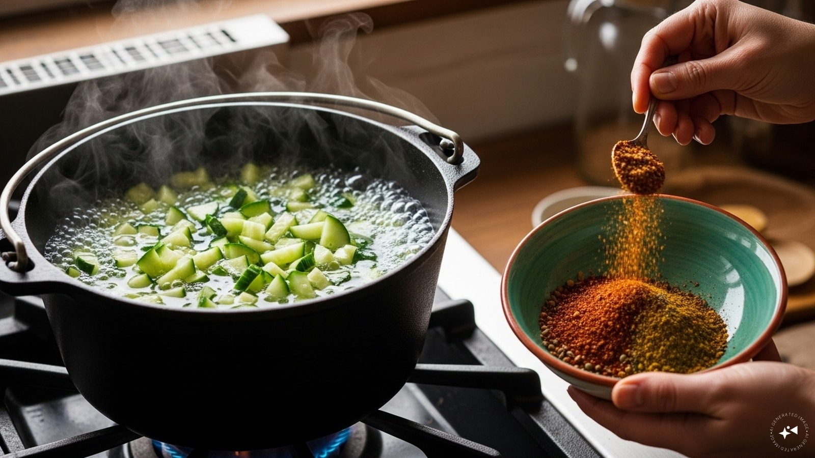Cook the cucumber in water and add the spiced mixture. (AI Generated image) Cook the cucumber in water and add the spiced mixture. (AI Generated image)