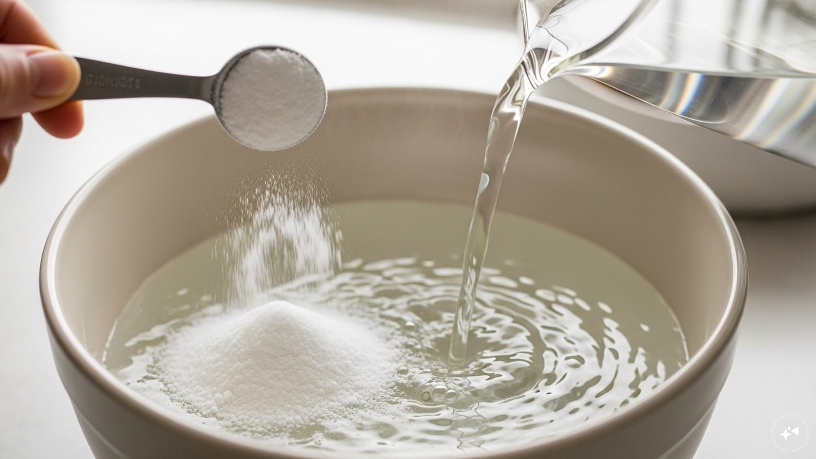 Mix the cleaning solution: Add 1 tablespoon of baking soda and 1 tablespoon of salt into the bowl. Now, pour in warm water to fill it half way. Mix the cleaning solution: Add 1 tablespoon of baking soda and 1 tablespoon of salt into the bowl. Now, pour in warm water to fill it half way.