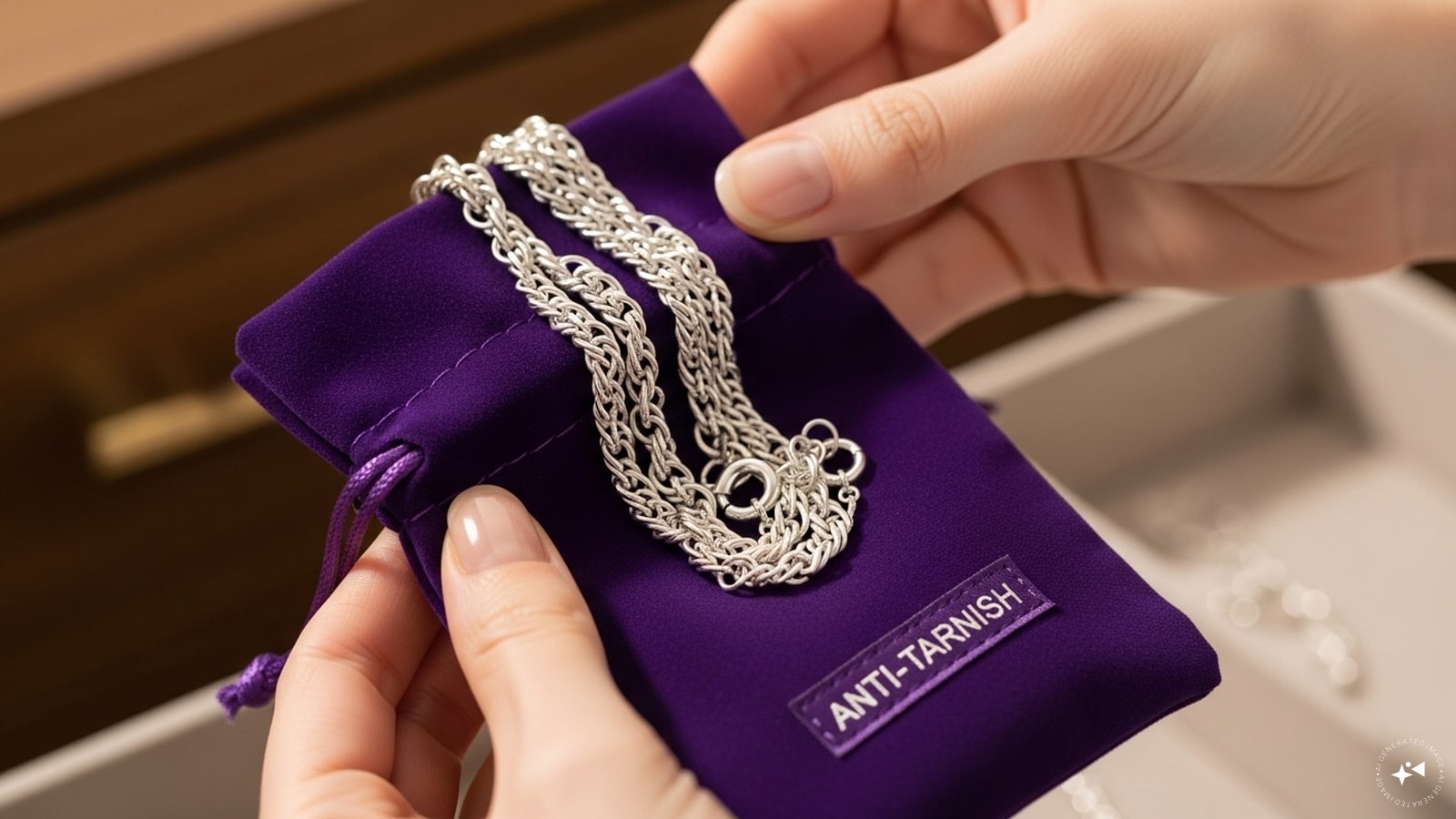Store properly: Keep your silver chain in an airtight pouch or anti-tarnish bag to prevent future tarnishing. Store properly: Keep your silver chain in an airtight pouch or anti-tarnish bag to prevent future tarnishing.
