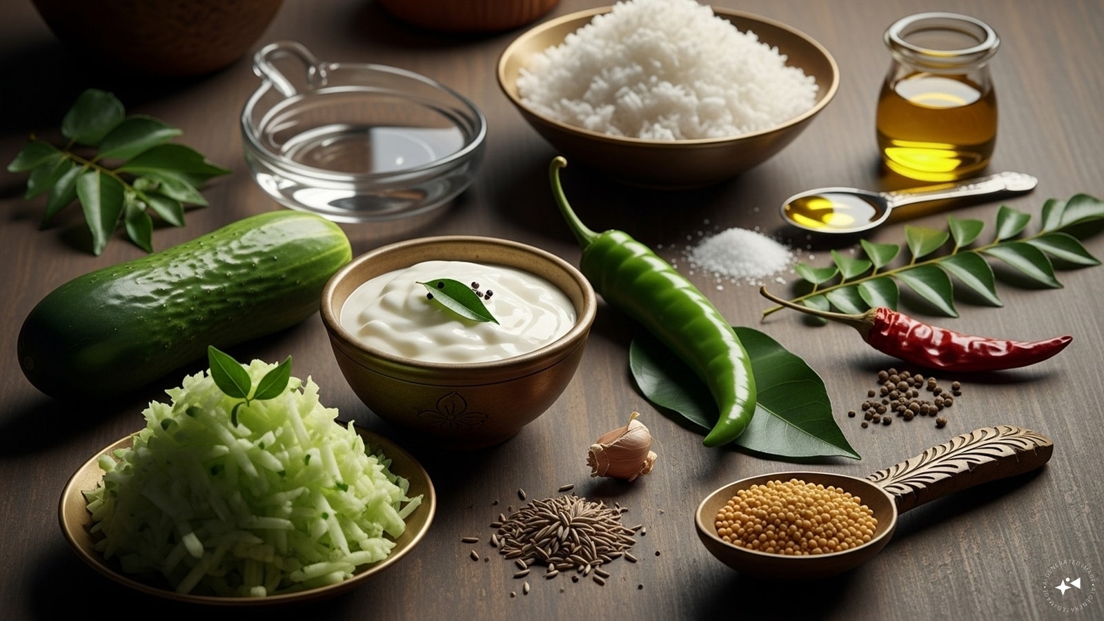 Ingredients: ¼ tablespoon cumin seeds, ¼ cup grated coconut, 2-3 tablespoon water, 1 green chilli, ½ tablespoon mustard seeds, ½ cup water, curd, 1 cucumber. Salt, ½ tablespoon coconut oil, 1 dry red chilli, ¼ tablespoon mustard seeds, 5-6 curry leaves. (AI generated image)