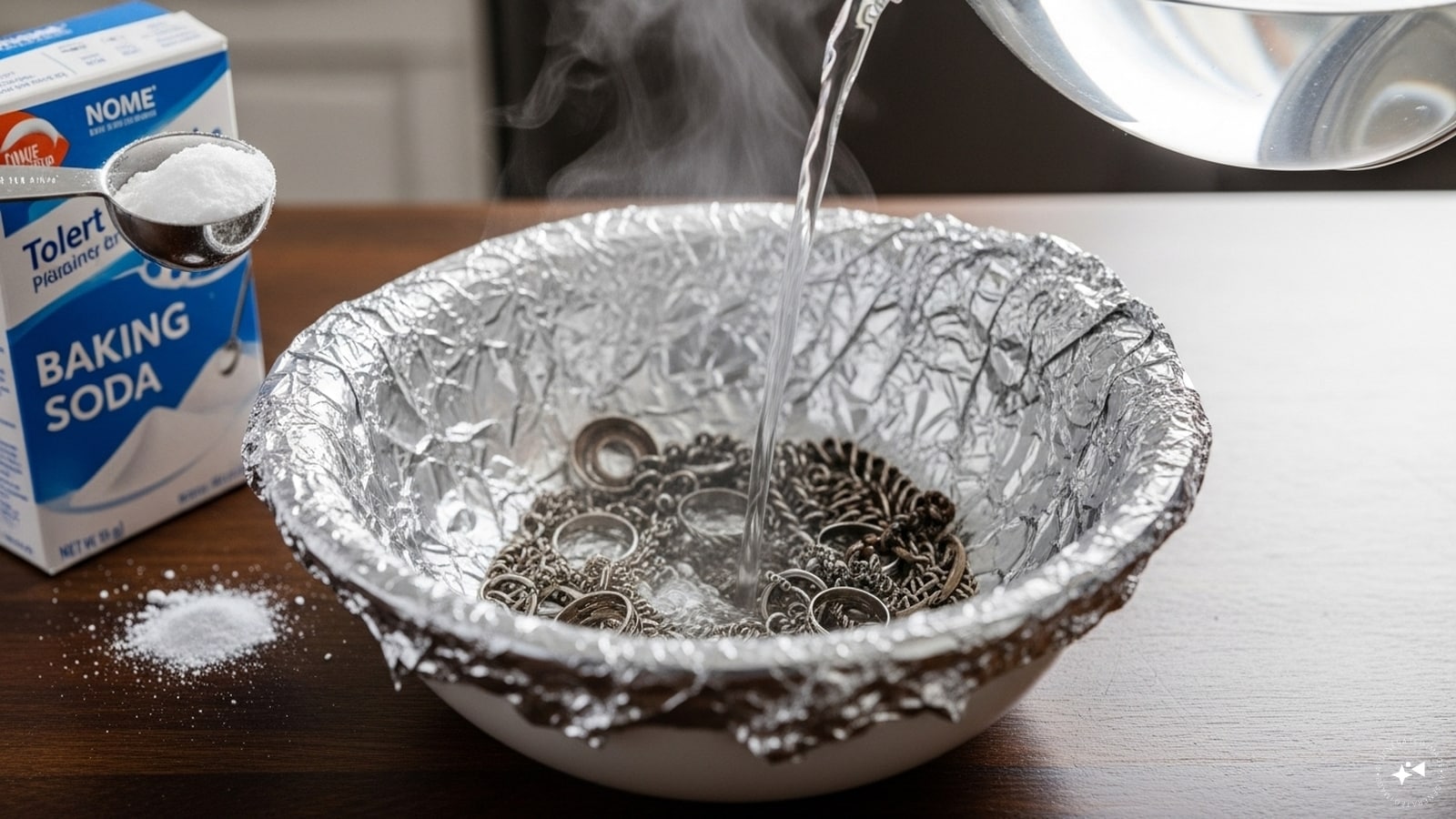 Line a bowl with aluminium foil: Keep the shiny side up. This creates a chemical reaction that helps lift tarnish from silver. Line a bowl with aluminium foil: Keep the shiny side up. This creates a chemical reaction that helps lift tarnish from silver.