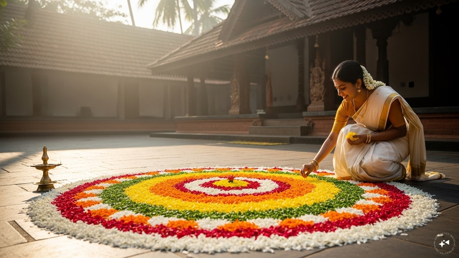 On this day, Pookalam is laid with a single layer called Athapoo, which is gradually built upon in the following days. This tradition represents growth, prosperity and the anticipation of the king’s visit. On this day, Pookalam is laid with a single layer called Athapoo, which is gradually built upon in the following days. This tradition represents growth, prosperity and the anticipation of the king’s visit.