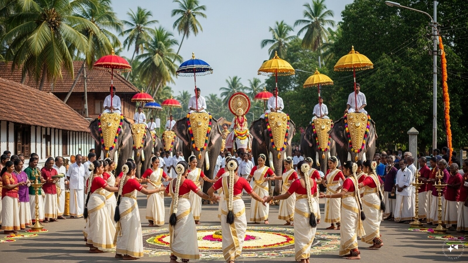 Women perform folk dances in honour of King Mahabali, while decorated elephants add grandeur to processions. Women perform folk dances in honour of King Mahabali, while decorated elephants add grandeur to processions.