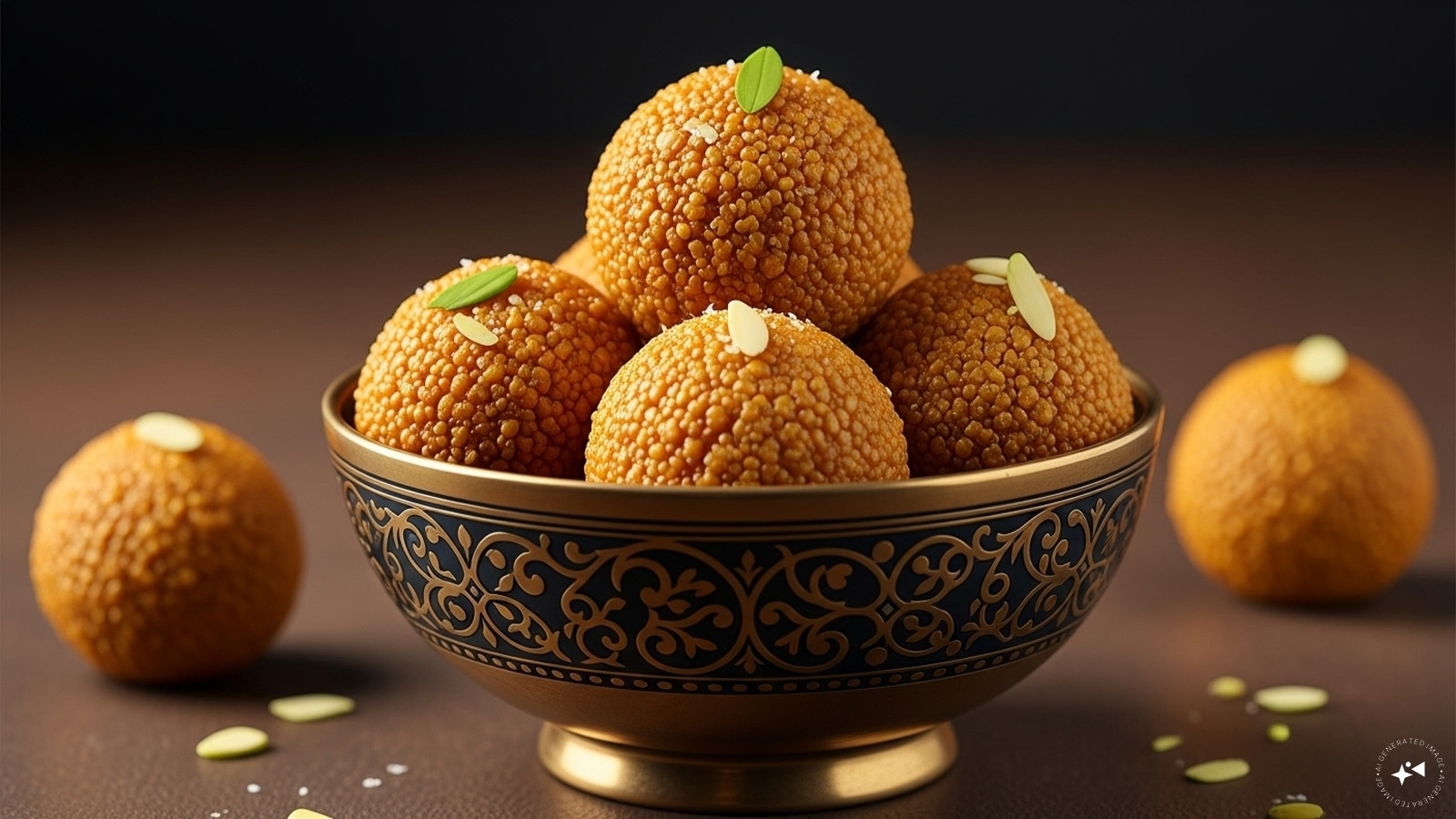 Ingredients: 1 cup besan, ¼ cup ghee, ½ cup sugar, ¼ teaspoon cardamom powder, ¼ teaspoon saffron strands, ¼ cup chopped almonds and pistachios. (AI generated image) Ingredients: 1 cup besan, ¼ cup ghee, ½ cup sugar, ¼ teaspoon cardamom powder, ¼ teaspoon saffron strands, ¼ cup chopped almonds and pistachios. (AI generated image)