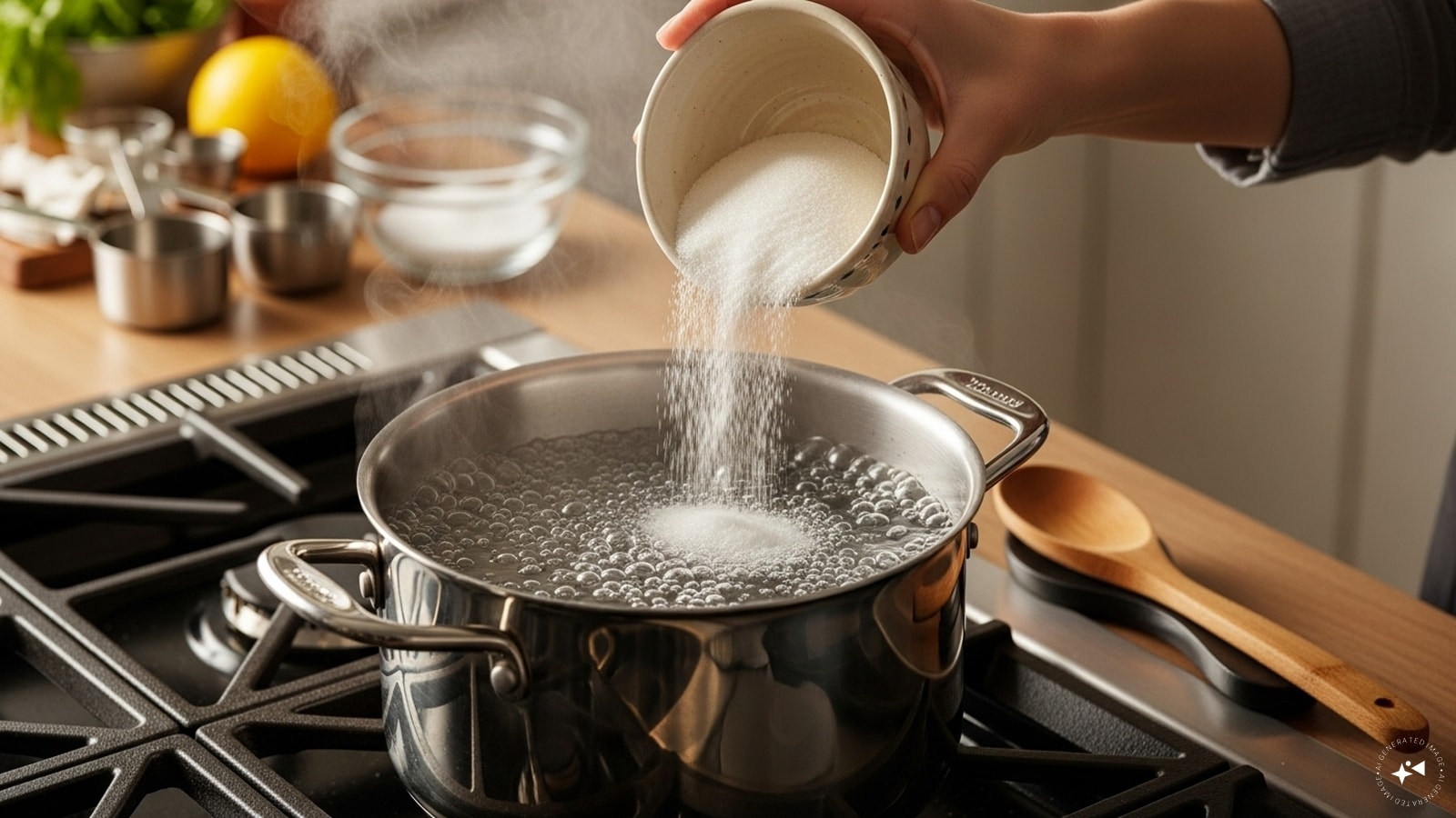 Firstly, boil some water and add sugar. Simmer till you get a thread-like consistency. (AI generated image) Firstly, boil some water and add sugar. Simmer till you get a thread-like consistency. (AI generated image)