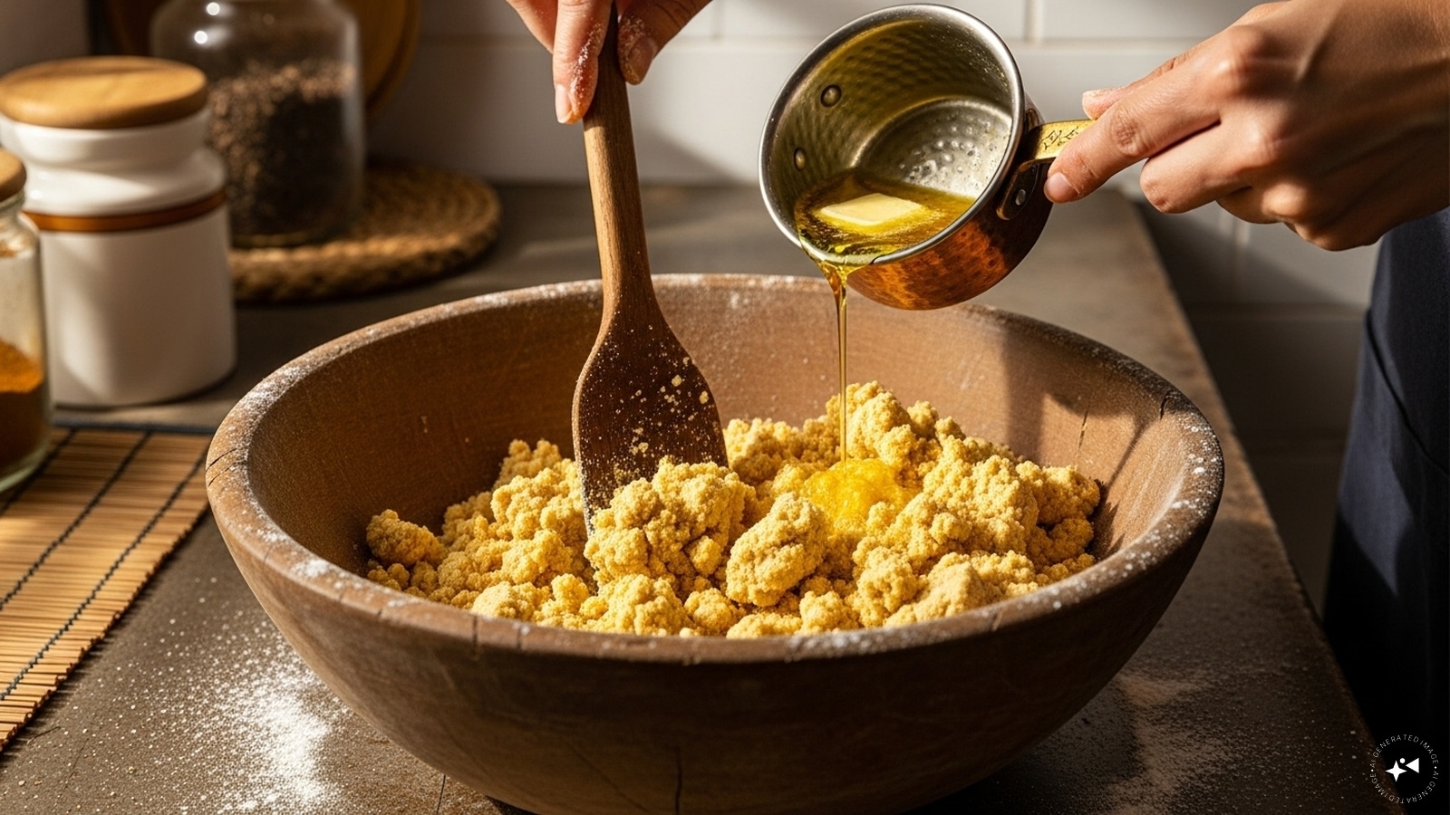 In another bowl, mix besan and ghee to make a crumbly texture. (AI generated image) In another bowl, mix besan and ghee to make a crumbly texture. (AI generated image)