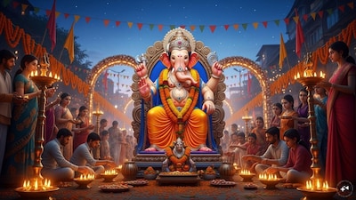 Before the puja begins, the idol is traditionally bathed in water, rosewater, or Panchamrut. This ritual symbolises inviting Lord Ganesha into the home with love and reverence. (AI-generated Image)