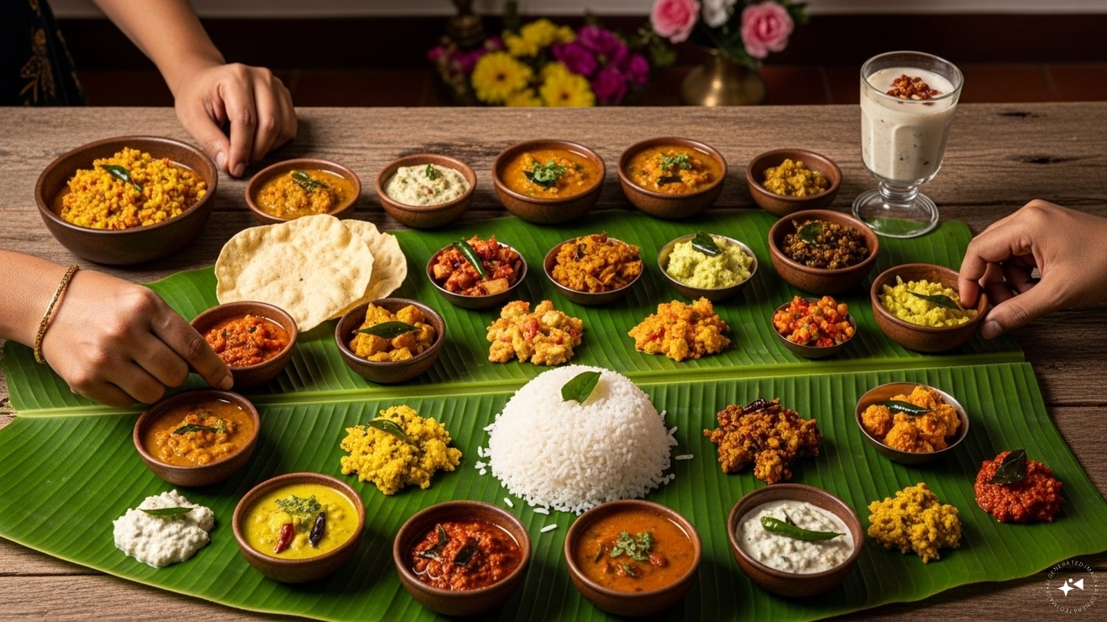 The highlight of Onam is the Onasadya, a lavish feast served on banana leaves. The highlight of Onam is the Onasadya, a lavish feast served on banana leaves.