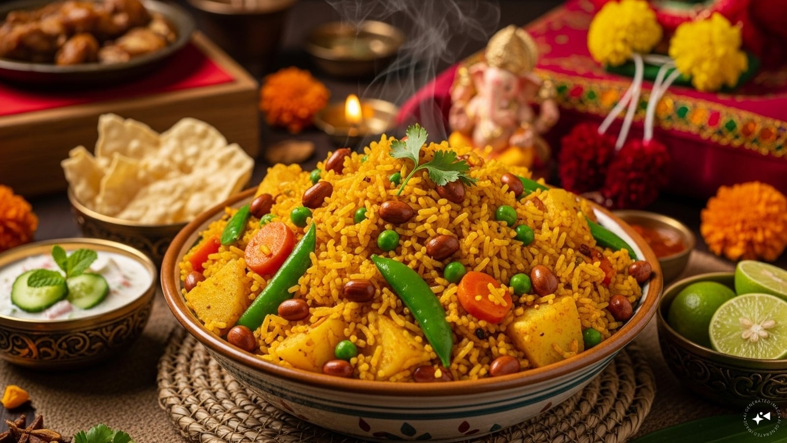 Masale Bhaat: Masale Bhaat is a spiced rice dish that’s often made during Ganesh Chaturthi. This one-pot meal is prepared with a blend of aromatic spices, mixed vegetables, and roasted peanuts, creating a dish that’s both flavourful and nutritious. It’s a great way to enjoy a satisfying, aromatic meal during the festive season.