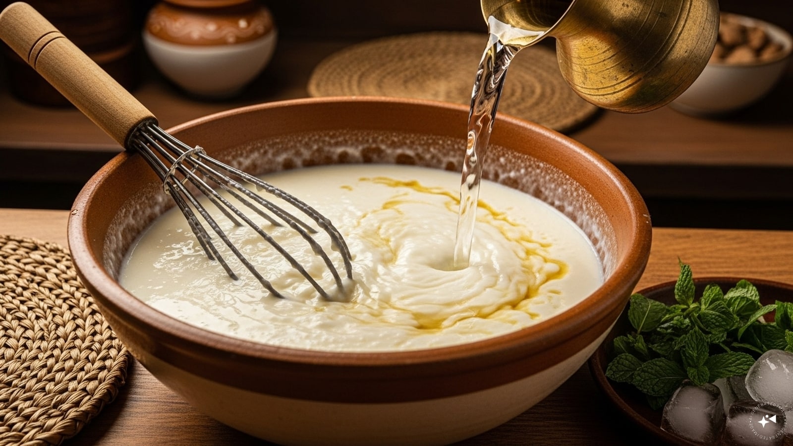 Firstly, blend curd and water in a bowl. (AI generated image) Firstly, blend curd and water in a bowl. (AI generated image)