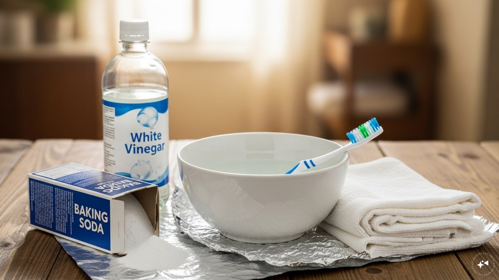 Materials Needed: Baking soda, white vinegar, a soft cloth, toothbrush, warm water, aluminium foil and a bowl. Materials Needed: Baking soda, white vinegar, a soft cloth, toothbrush, warm water, aluminium foil and a bowl.