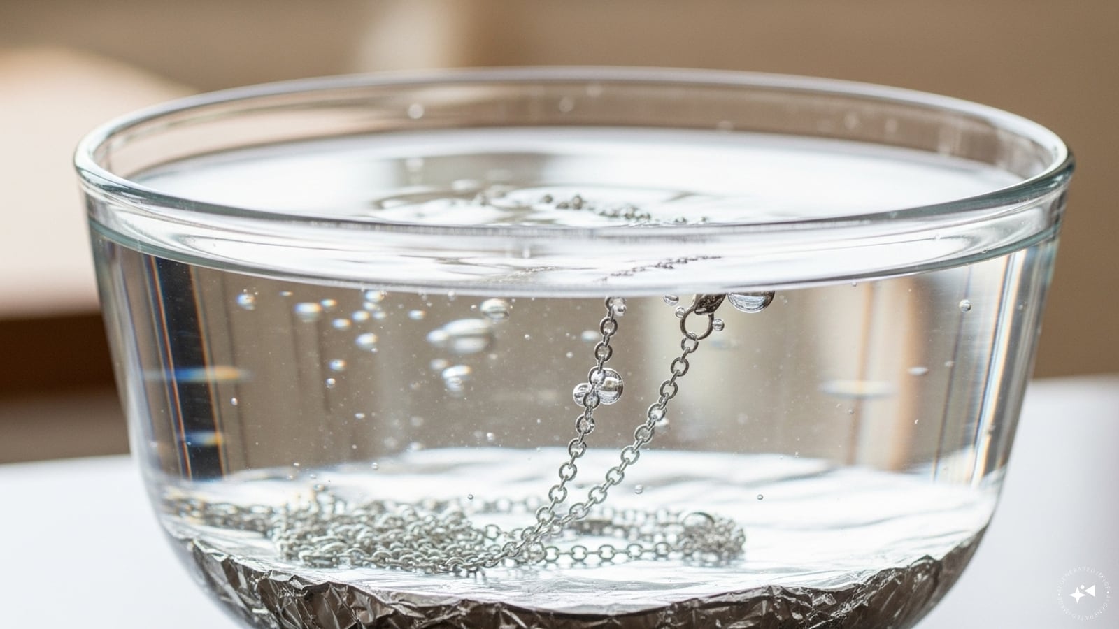 Place the silver chain in the solution: Submerge the chain, making sure it touches the foil. Let it sit for 5-10 minutes. Place the silver chain in the solution: Submerge the chain, making sure it touches the foil. Let it sit for 5-10 minutes.