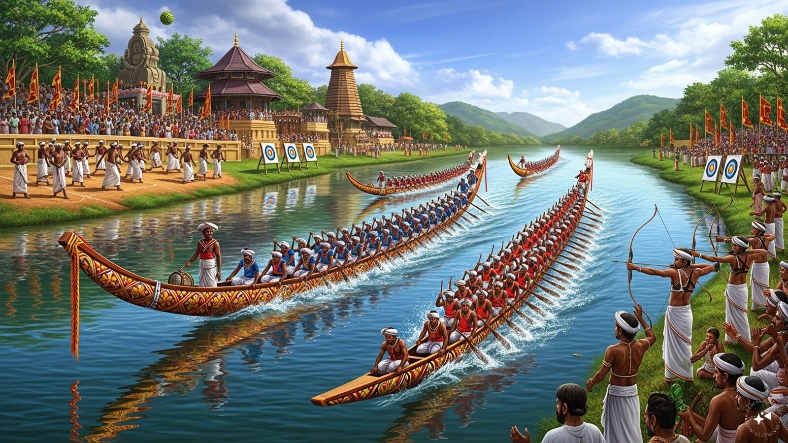 During this festival, people participate in traditional games like Thala Panthu Kali, archery competitions such as Ambeyyal and the spectacular Vallamkali boat race. During this festival, people participate in traditional games like Thala Panthu Kali, archery competitions such as Ambeyyal and the spectacular Vallamkali boat race.