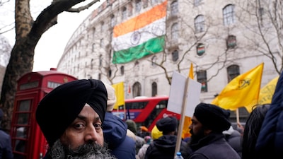 Protestors of the Khalistan movement demonstrate outside of the Indian High Commission in London, Wednesday, March 22, 2023. (AP Photo)