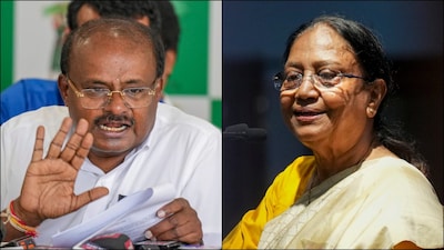 Union Minister HD Kumaraswamy and Kannada writer Banu Mushtaq. (PTI/File)