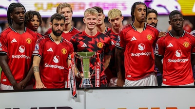 Manchester United players pose with the Summer Series trophy. (AP Photo)