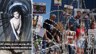 Clip from the video (left); Israelis seek the release of David and other hostages. (X/AP)