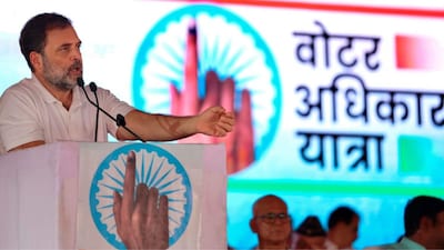 Rahul Gandhi addresses a rally as part of 'Voter Adhikar Yatra', in Sasaram. (AICC via PTI)