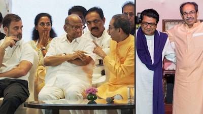 Uddhav Thackeray had meetings with Rahul Gandhi, Sharad Pawar and Supriya Sule; (right) Uddhav with Raj Thackeray. (PTI File)