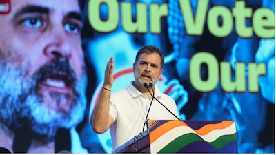 Congress leader and LoP in Lok Sabha Rahul Gandhi addresses the party's 'Vote Adhikar Rally', in Bengaluru, on Friday. (PTI)