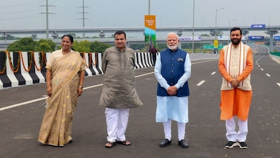 Prime Minister Narendra Modi with Union Minister Nitin Gadkari, Delhi Chief Minister Rekha Gupta and Haryana Chief Minister Nayab Saini during the inauguration of the Delhi section of the Dwarka Expressway and the Urban Extension Road-II (UER-II), in New Delhi, on Sunday. (PMO via PTI)