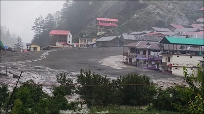 Houses damaged due to flash floods triggered by a cloudburst at Dharali of Uttarkashi district. (PTI)