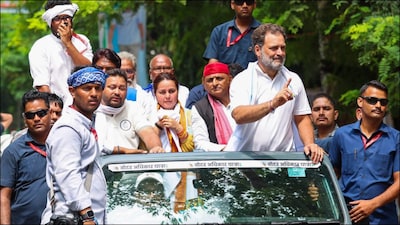 Congress leader Rahul Gandhi with Samajwadi Party President Akhilesh Yadav and RJD leader Tejashwi Yadav. (PTI)