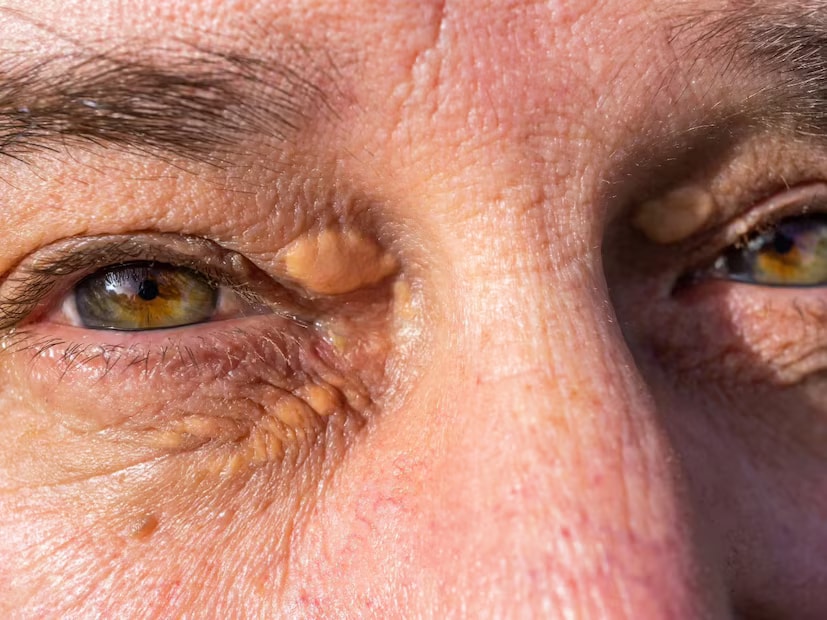 Another warning sign is the development of a yellowish-orange coating or lump on the skin. This is usually seen around the eyes, on the hands, or the lower parts of the feet. Such lumps indicate rising cholesterol levels, which increase the risk of blockages in the heart. (News18 Bengali) Another warning sign is the development of a yellowish-orange coating or lump on the skin. This is usually seen around the eyes, on the hands, or the lower parts of the feet. Such lumps indicate rising cholesterol levels, which increase the risk of blockages in the heart. (News18 Bengali)