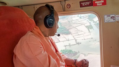 Uttar Pradesh Chief Minister Yogi Adityanath conducts an aerial survey of the flood-affected areas between Agra and Auraiya districts in UP.  (Image: X/CMOfficeUP)