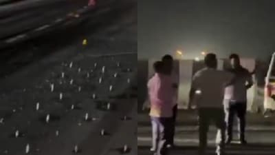 A video showing the nails neatly embedded in the Mumbai-bound arm of the high-speed carriageway has surfaced. (Image: X/@Mumbaikhabar9)