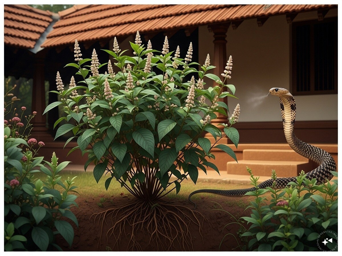Sarpagandha: True to its name, this medicinal plant is associated with snakes. Its roots release strong alkaloids and a distinctive smell that prevents snakes from entering. Widely used in Ayurveda, it doubles up as an effective protective plant. (News18 Hindi)