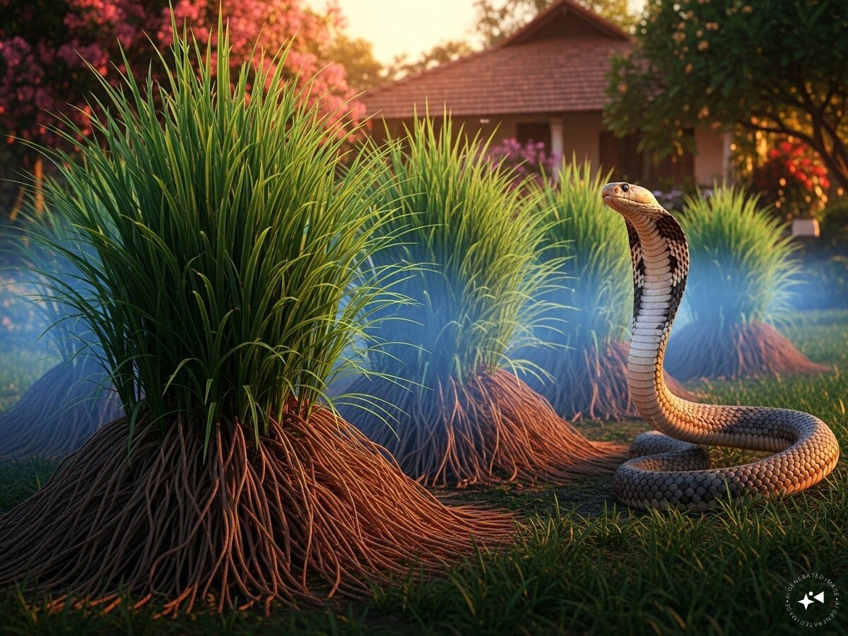 Vetiver (Khus): The cool and refreshing fragrance of vetiver roots is pleasant for humans but intolerable for snakes. This makes vetiver an excellent natural repellent, already popular in air fresheners and cooling products. Planting it around the house helps block snake entry. (News18 Hindi)
