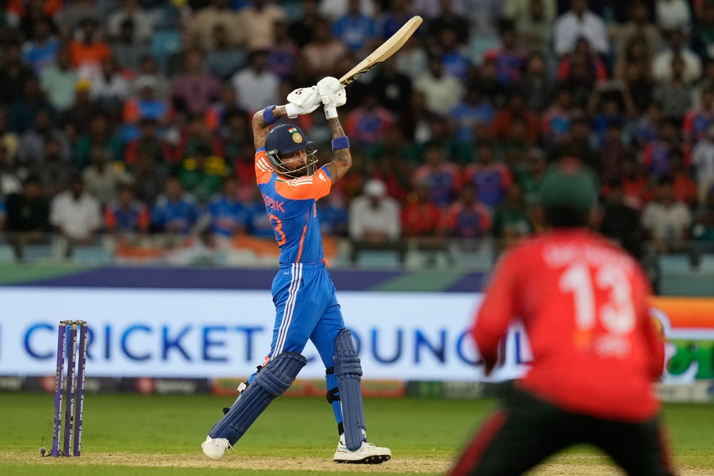 Hardik Pandya played a crucial 38 off 29, helping India finish with 168 runs on the board, building on their strong opening and Sharma’s stellar innings. (AP) Hardik Pandya played a crucial 38 off 29, helping India finish with 168 runs on the board, building on their strong opening and Sharma’s stellar innings. (AP)