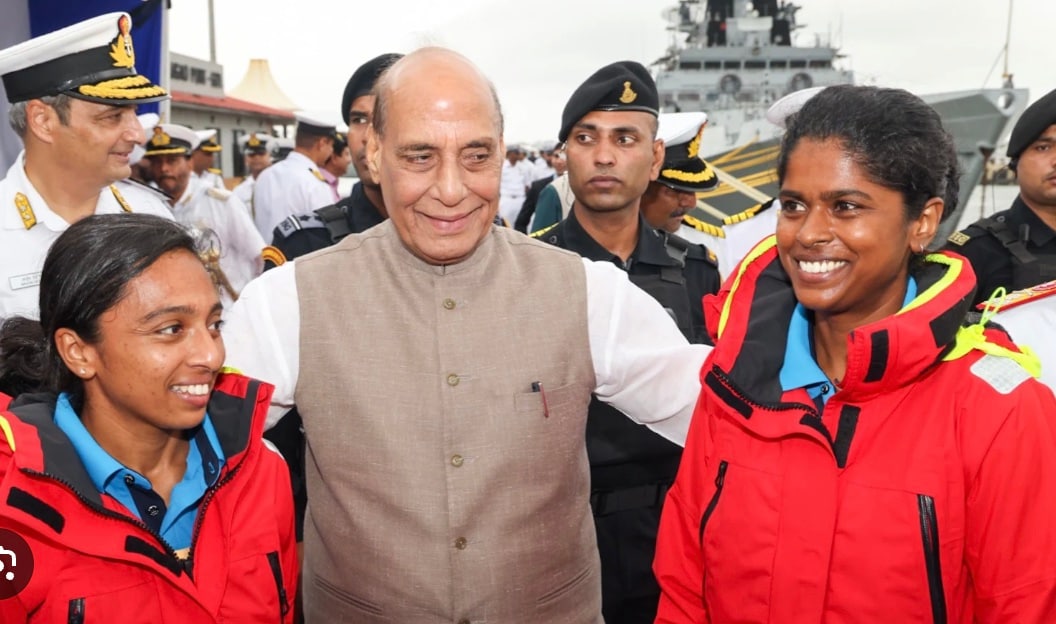 Defence Minister Rajnath Singh presided over the flag-in ceremony, formally marking the success of the global circumnavigation. He received the two naval officers and said that they have made the nation proud by waving the Tricolour across the world. Defence Minister Rajnath Singh presided over the flag-in ceremony, formally marking the success of the global circumnavigation. He received the two naval officers and said that they have made the nation proud by waving the Tricolour across the world.