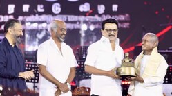Ilaiyaraaja receiving felicitation in Chennai with Rajinikanth Kamal Haasan M.K. Stalin on stage