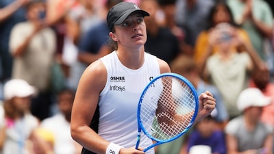 Iga Swiatek reacts after winning her match against Ekaterina Alexandrova. (AP Photo)