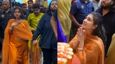 Radhika Merchant wore an orange suit set by Lajjoo C.