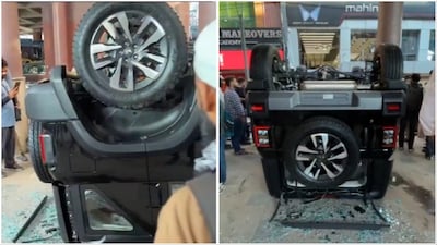 Thar driver accidentally drives out of the showroom after purchasing (Video screengrabs/Social Media)