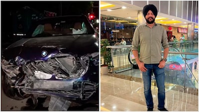 The BMW car lies on a road after an accident (L)/ Navjot Singh, Deputy Secretary in the Department of Economic Affairs, Ministry of Finance, who was killed in the accident (R) (Photos: PTI)