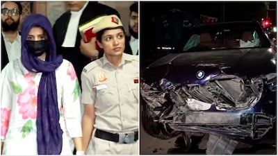 Accused Gaganpreet Kaur in custody (L)/Wreckage of the BMW car on a road after the accident (R) (Photos: PTI)