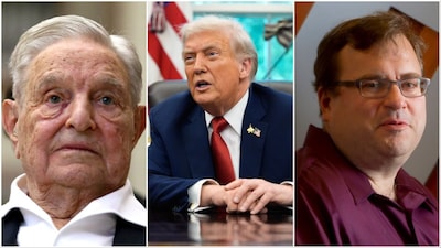 File photos of George Soros/Donald Trump/Reid Hoffman (AP)