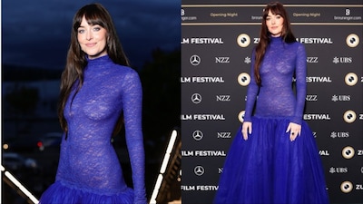 Dakota Johnson stuns in cobalt-blue Gucci gown.