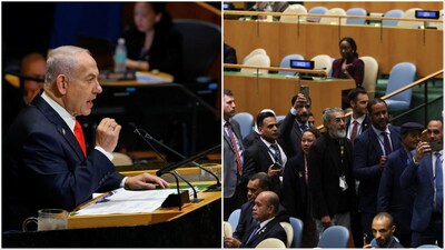 Benjamin Netanyahu during his UNGA speech/the walkout (Photos: Reuters)