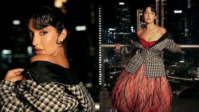 Nora Fatehi wowed in a pink plaid corset gown.