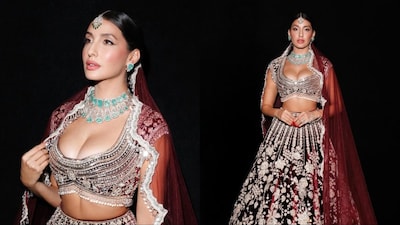 Nora Fatehi dazzles in Manish Malhotra's velvet lehenga.