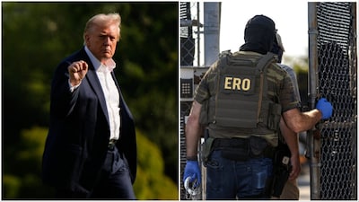 Donald Trump/A federal agent holding handcuffs enters the Broadview ICE detention facility (Photos: AP/Reuters)